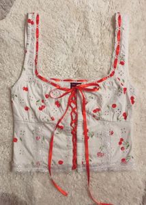 Cherry Print Lace-Up Crop Top