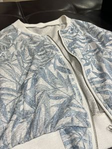 Light Blue Leaf Print Bomber Jacket