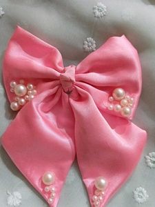 Set of 6 Pink Satin Handmade Bows with Pearls