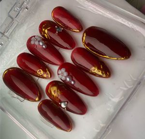 Red &amp; Gold Press On Nail Set with Gems
