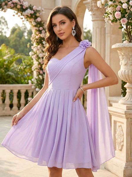 Bridesmaid Short Dress Purple Lavender Image Women Dresses Lavender One-Shoulder Mini Dress Freeup