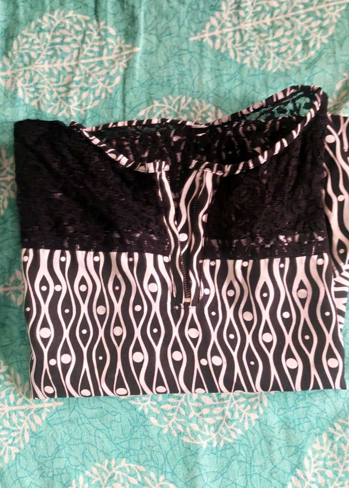 Black &amp; White Printed Top with Lace