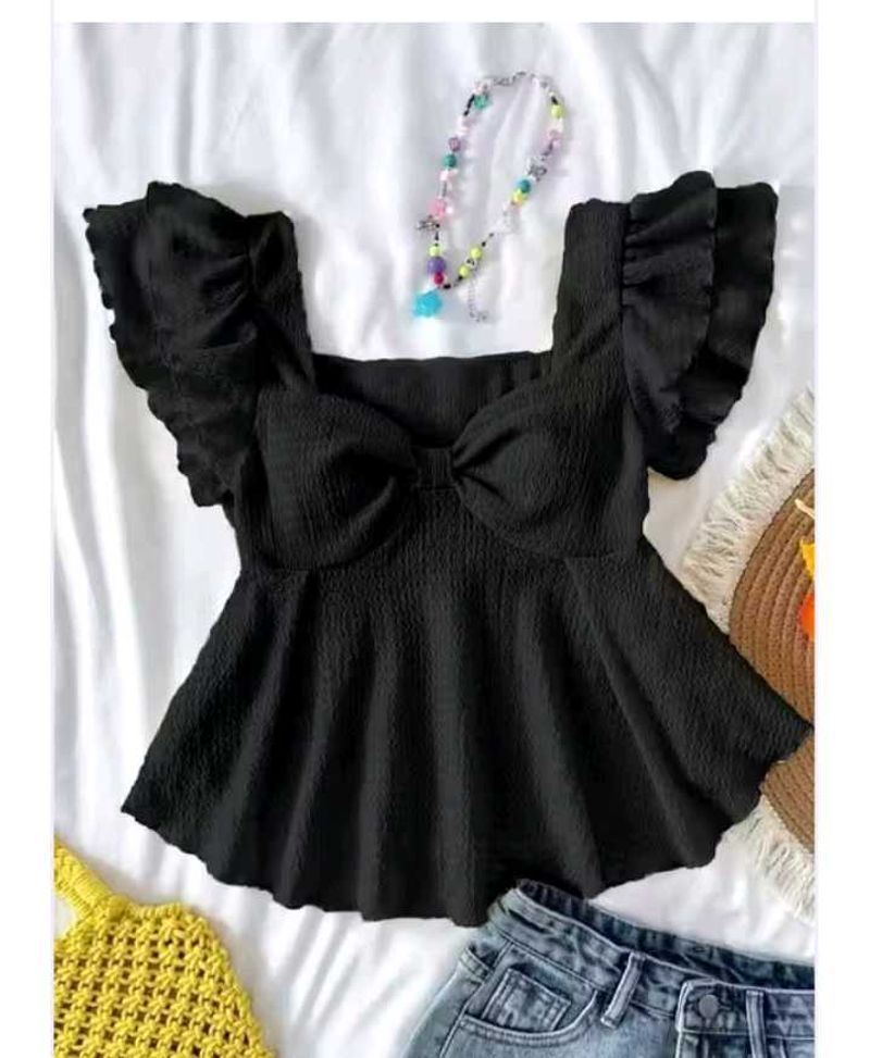 Chic Black Peplum Top with Ruffle Sleeves