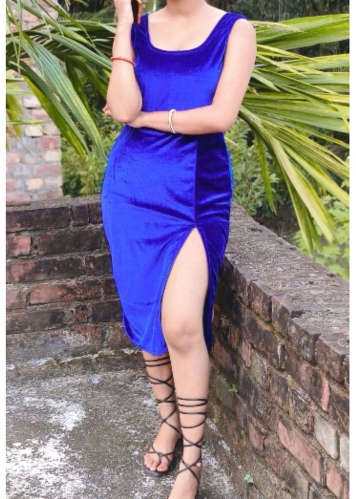 Royal Blue Velvet Dress with High Slit