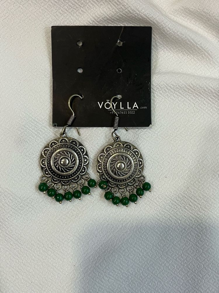 Oxidized Silver Jhumka Earrings with Green Beads
