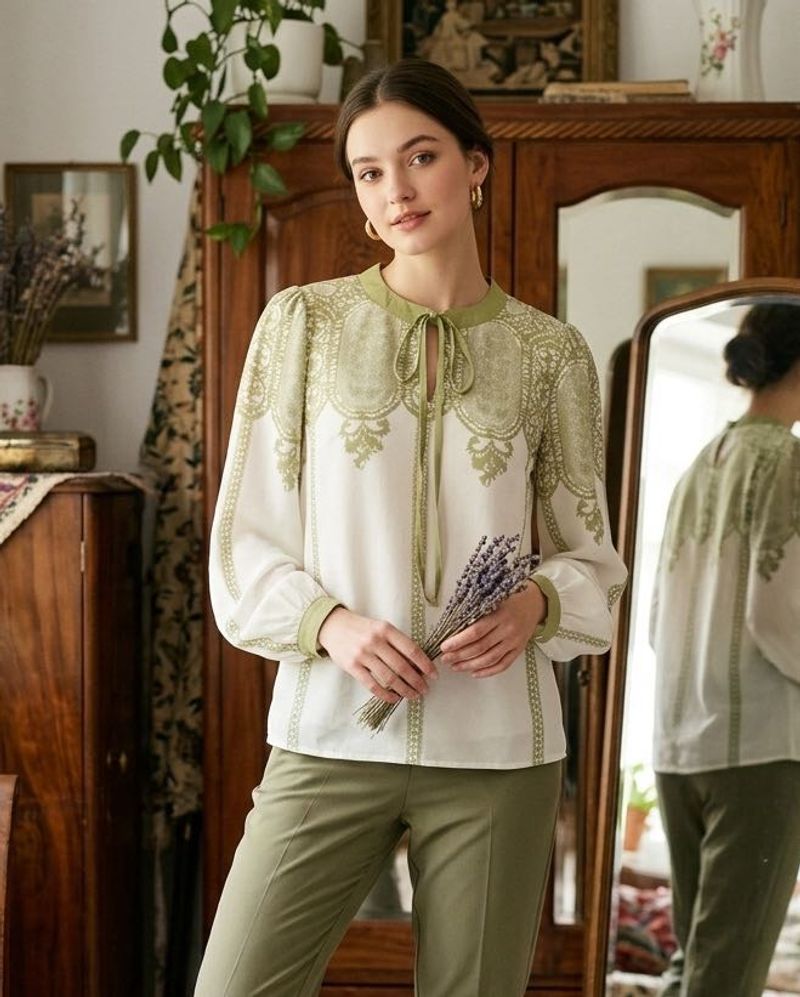 Elegant White &amp; Green Print Blouse