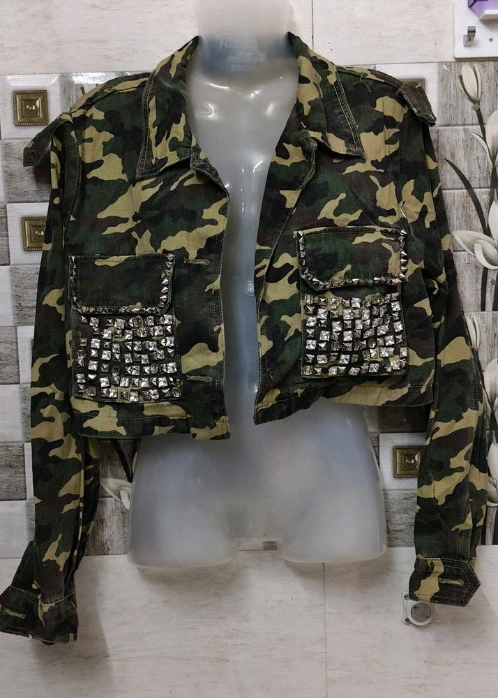 Camouflage Rhinestone Cropped Jacket