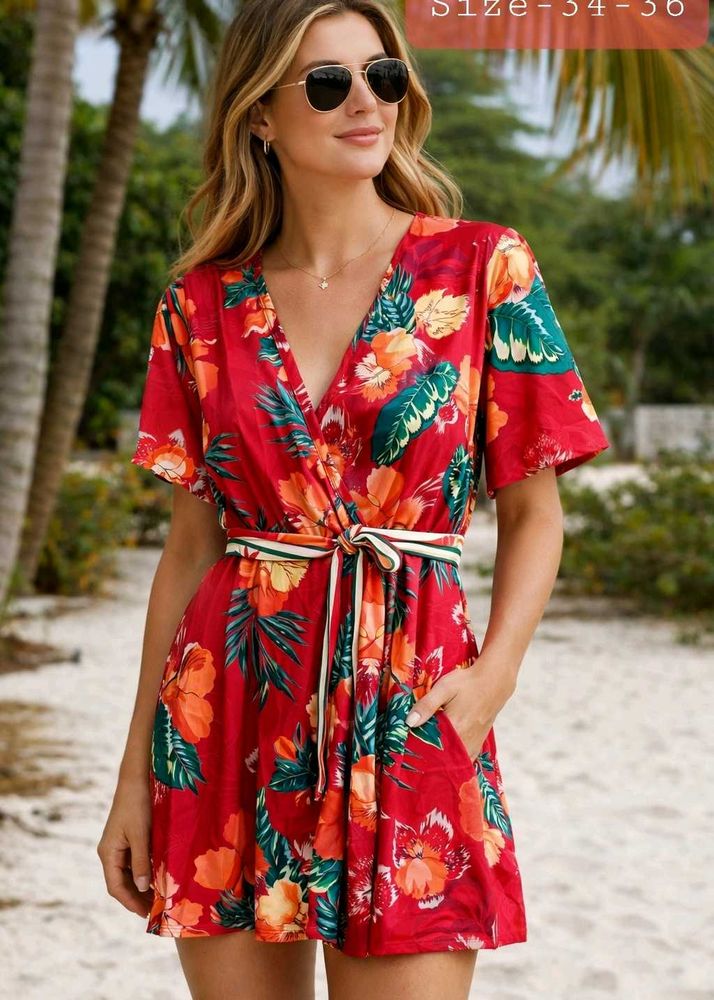 Vibrant Floral Print Wrap Dress Size-34-36