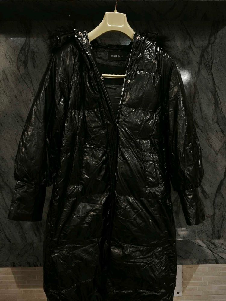 Black Puffer Coat with Fur Hood