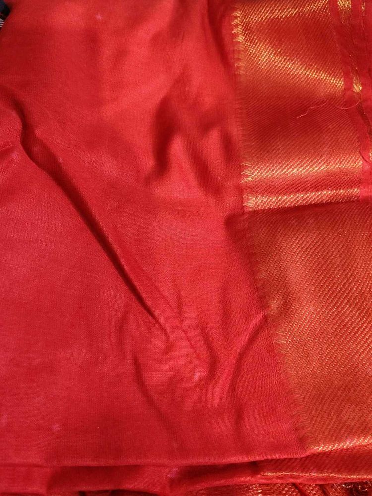 Vibrant Red Saree with Gold Border