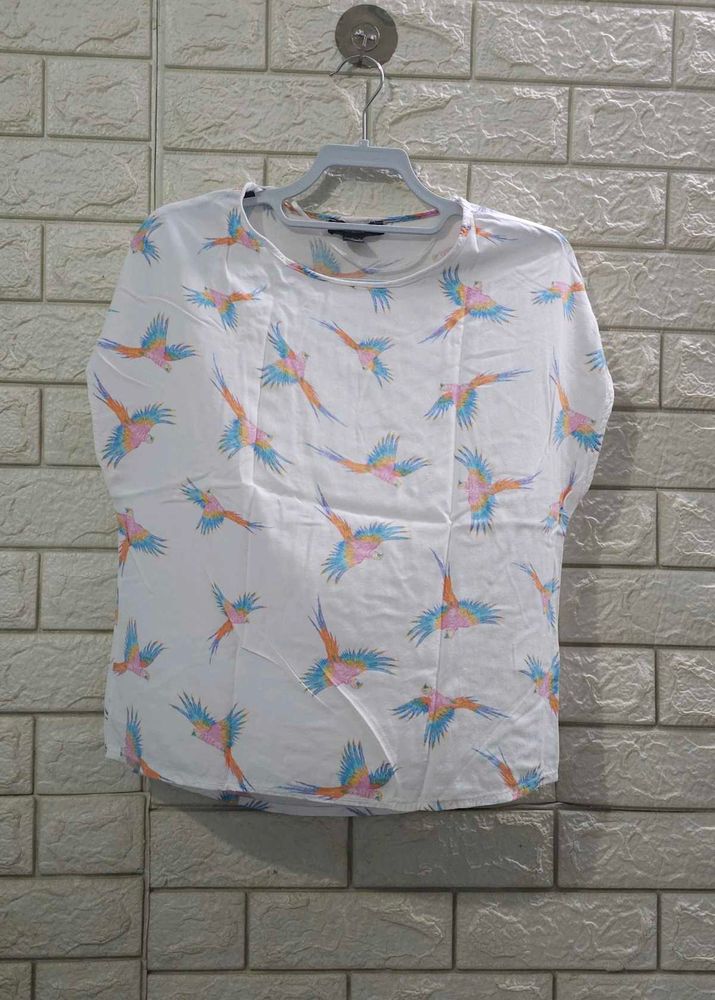 White Parrot Print Top