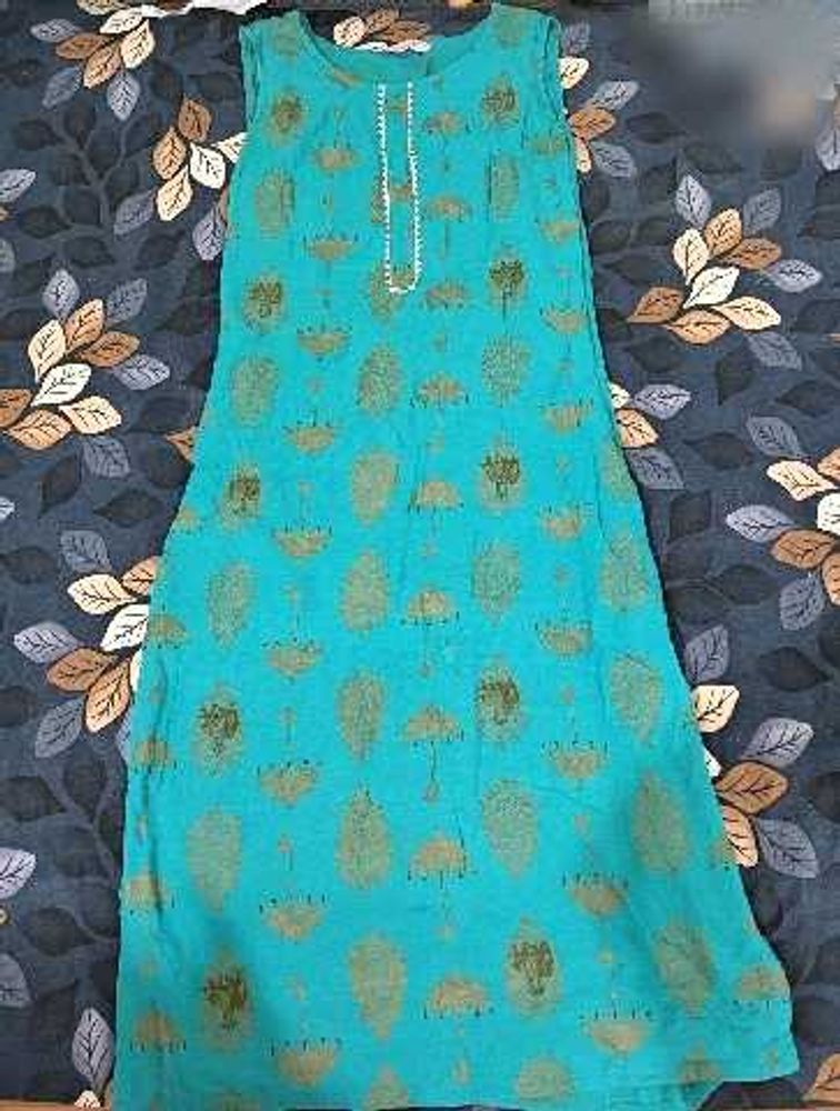 Turquoise Printed Sleeveless Kurta