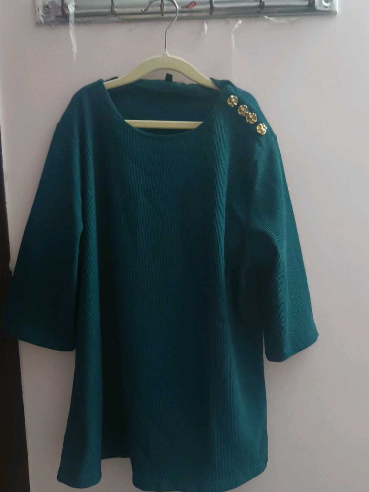 Teal Ribbed Top with Gold Buttons