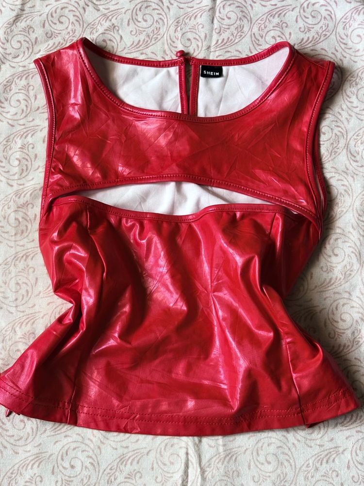 Wet Look Red Faux Leather Cutout Top