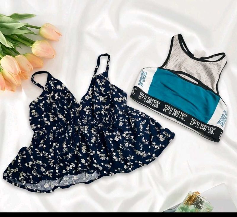 Floral Tank Top &amp; Pink Sports Bra Set