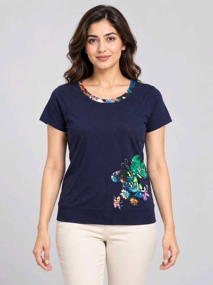 Chic Navy Butterfly Print Top