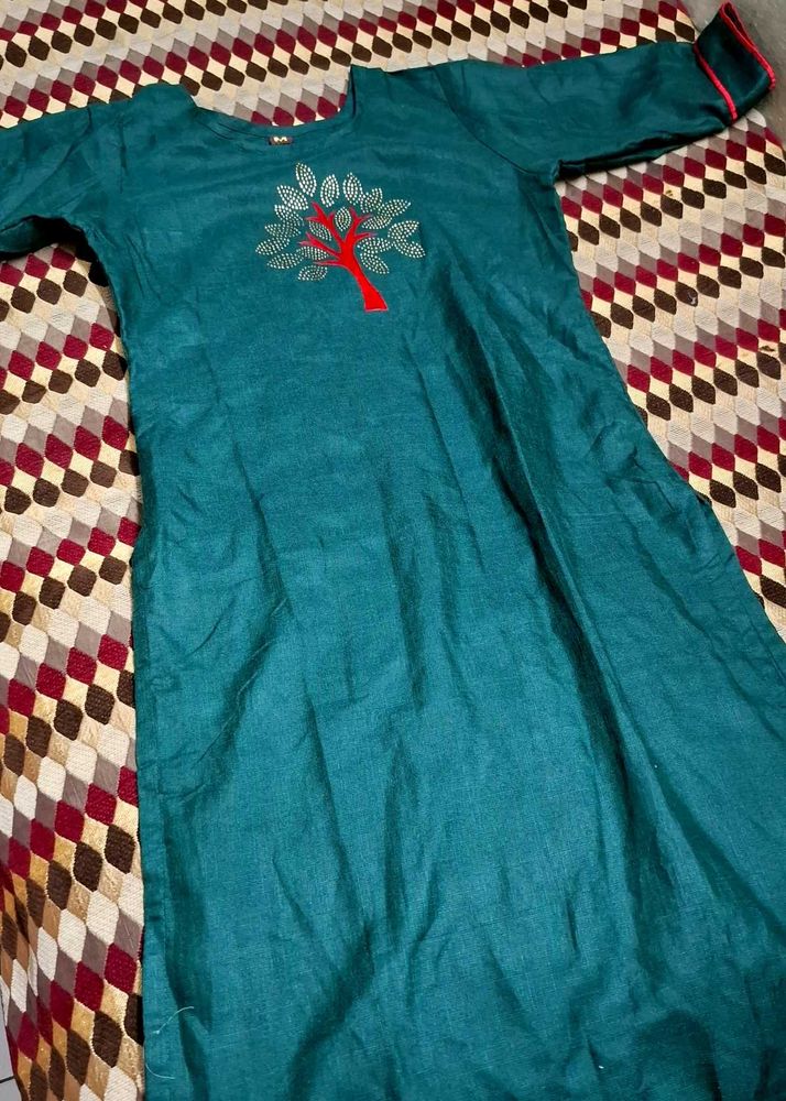 Teal Kurta with Tree Embroidery