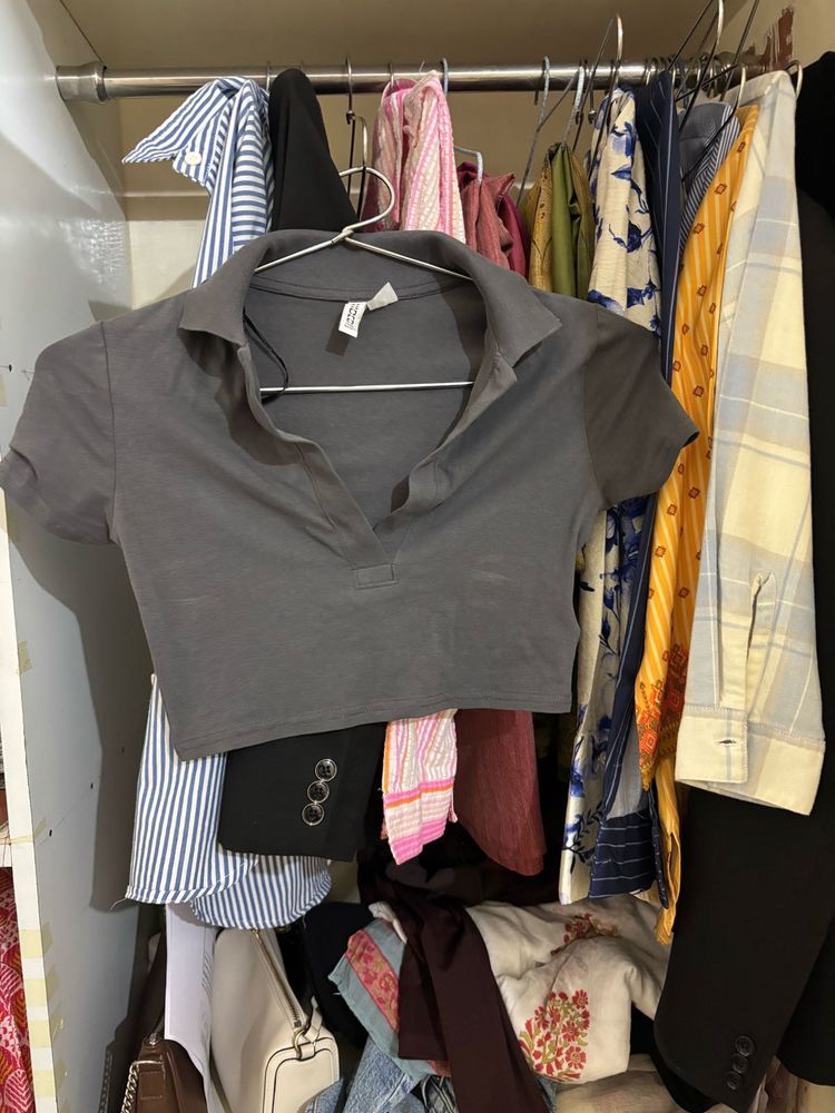 Stylish Grey Crop Polo Shirt