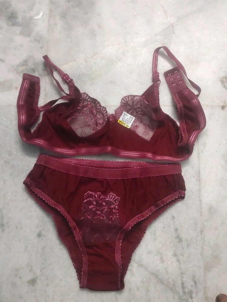 Net Bra Panty Lingerie Set Maroon Colour Size 34