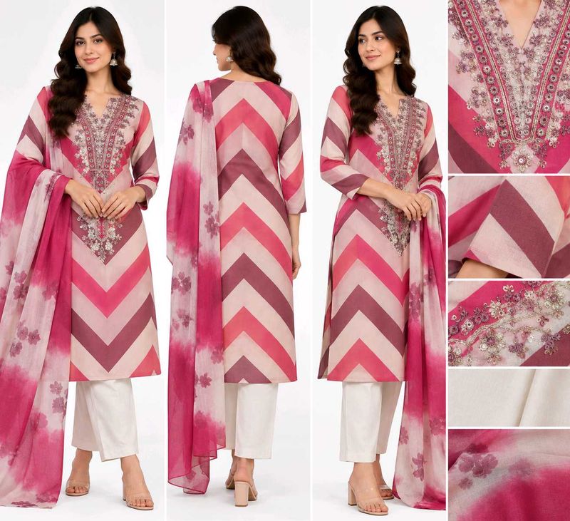 Elegant Chevron Print Kurta Set(unstitched)