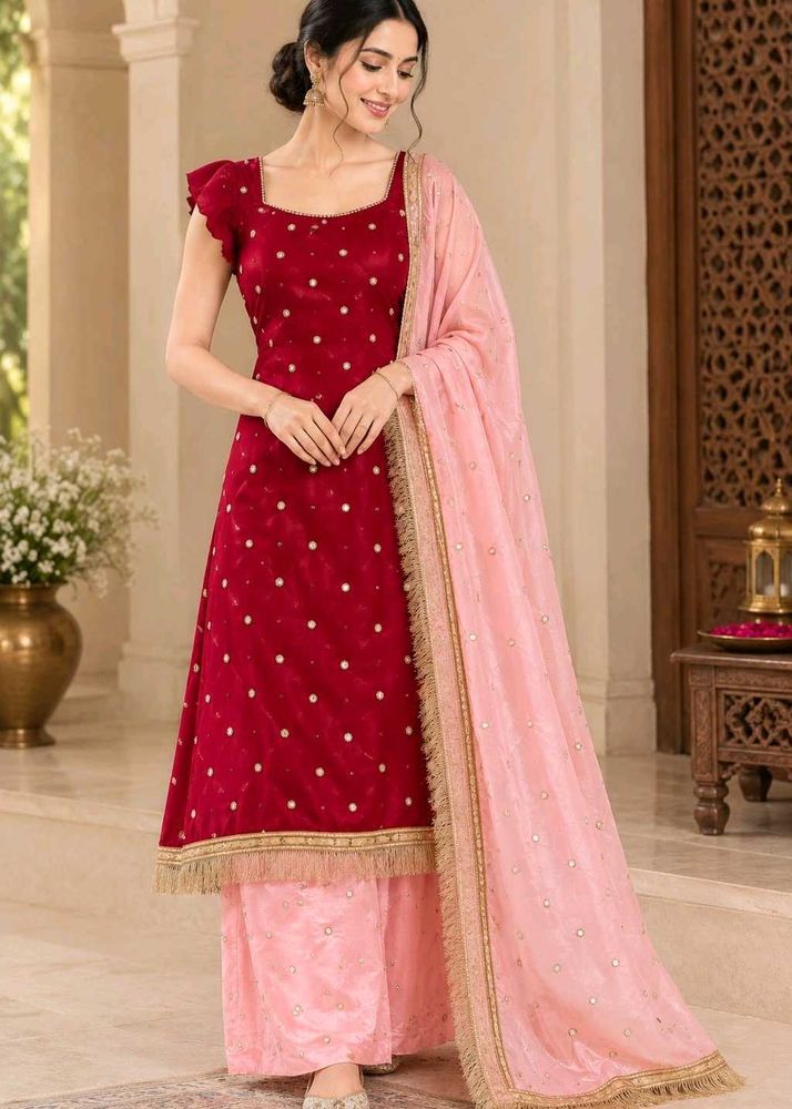 Elegant Red Kurta Set with Pink Dupatta