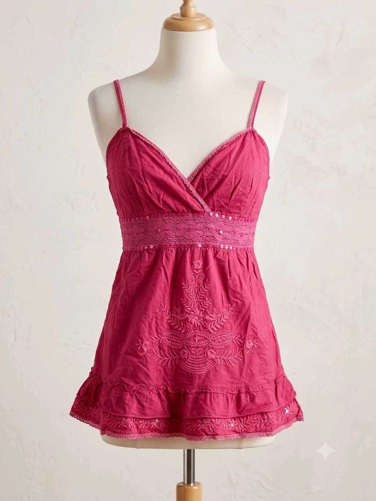 Y2K Embroidered Ruffle Cami Top