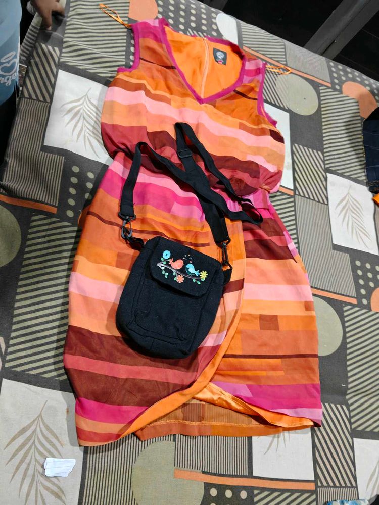 Vibrant Striped Wrap Dress and get new side bag fr