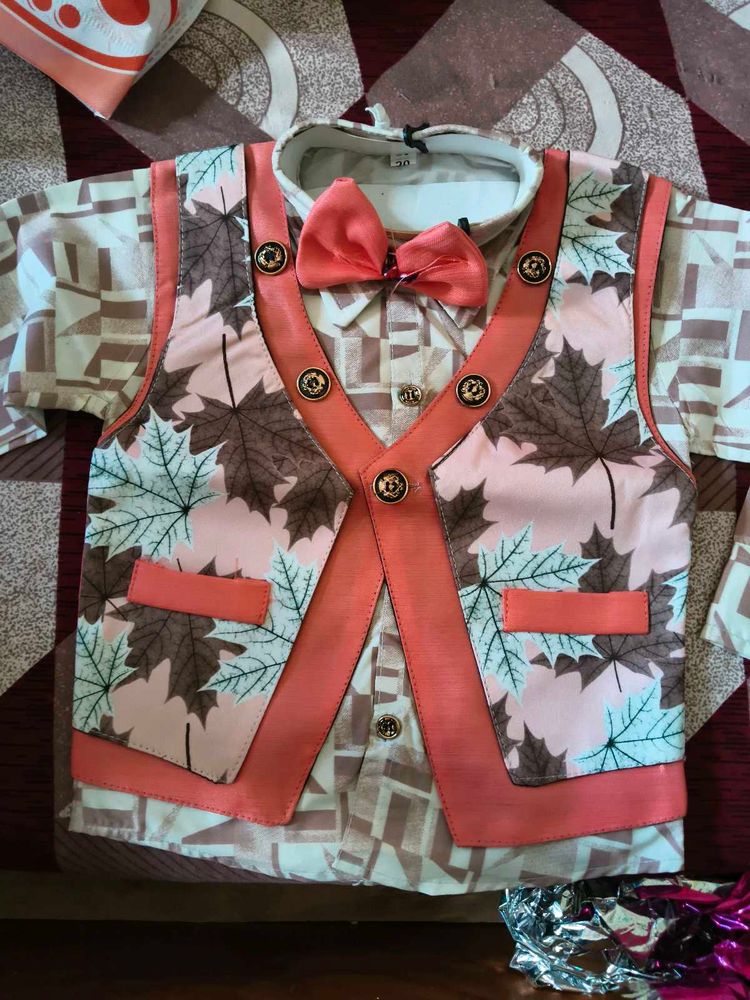Cute Boys' Printed Shirt with Vest and Bowtie