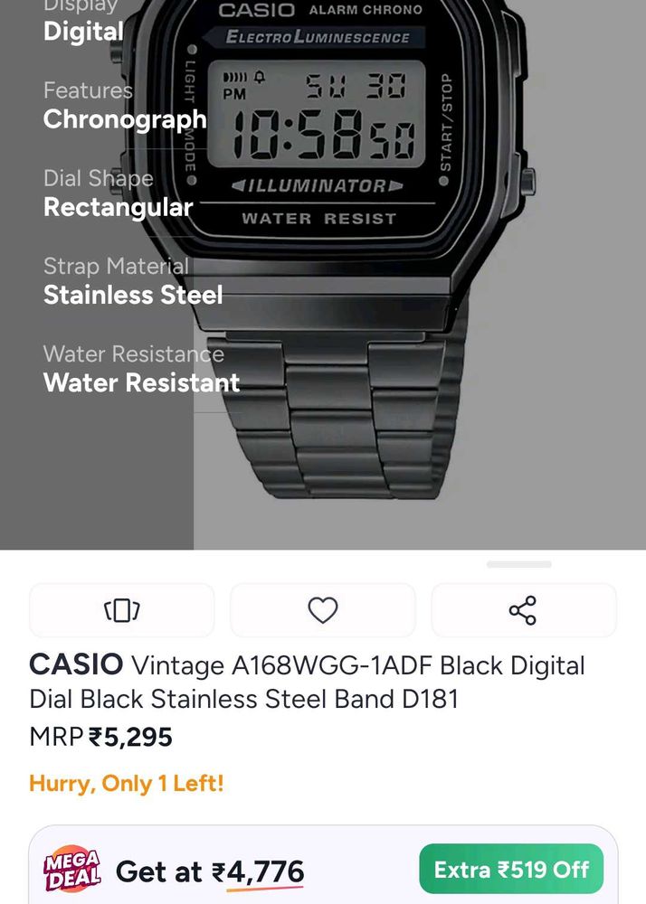 CASIO Vintage A168WGG-1ADF Black watch