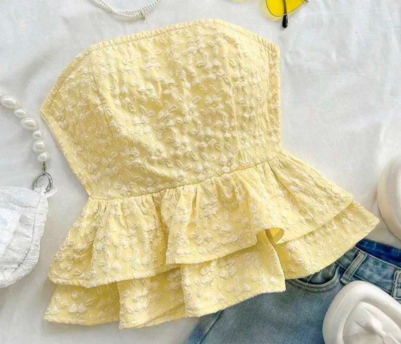Yellow Floral Strapless Ruffle Top