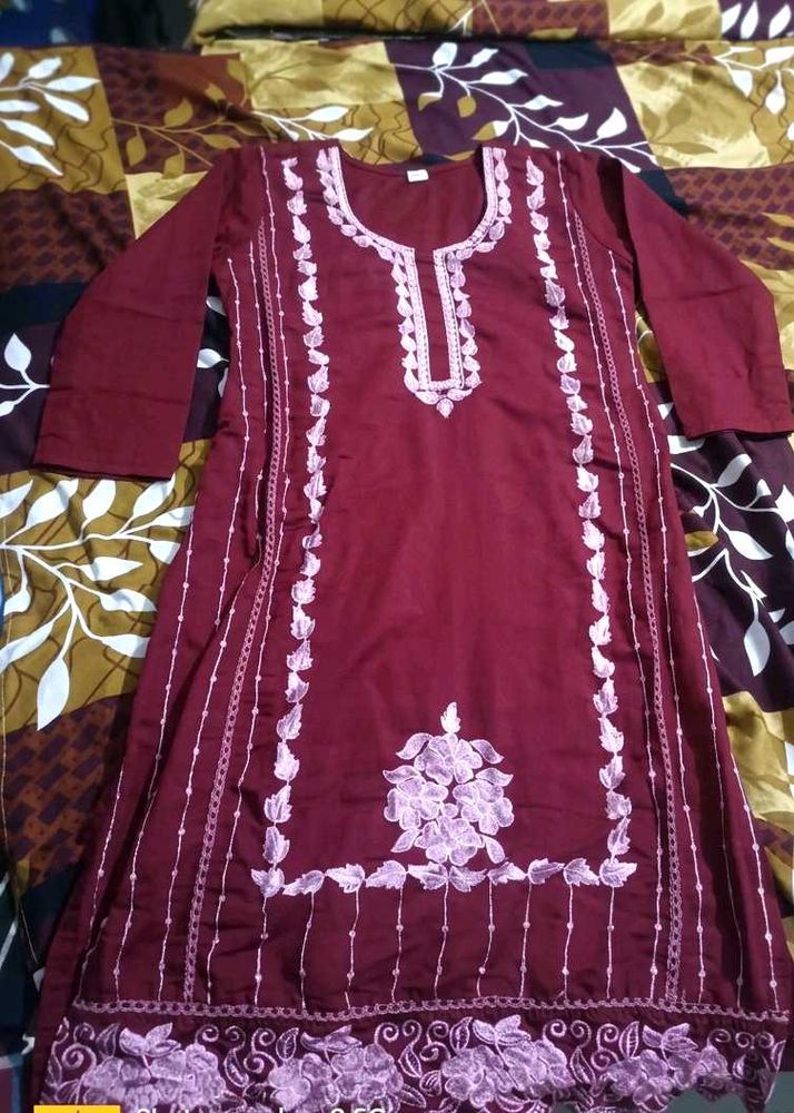 Elegant Maroon Embroidered Straight Kurti