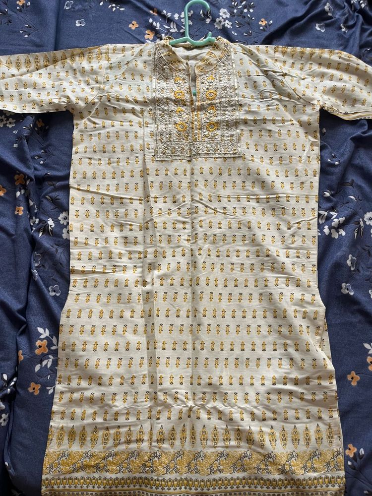 Cream &amp; Yellow Printed Kurta