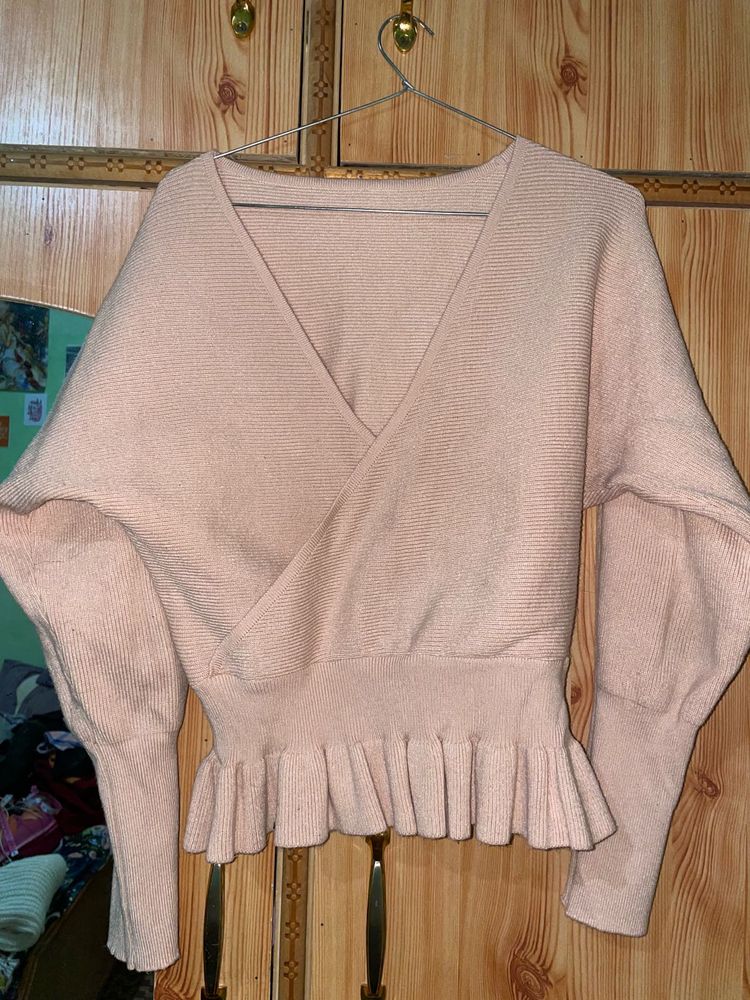 Soft Pink Ruffled Wrap Sweater