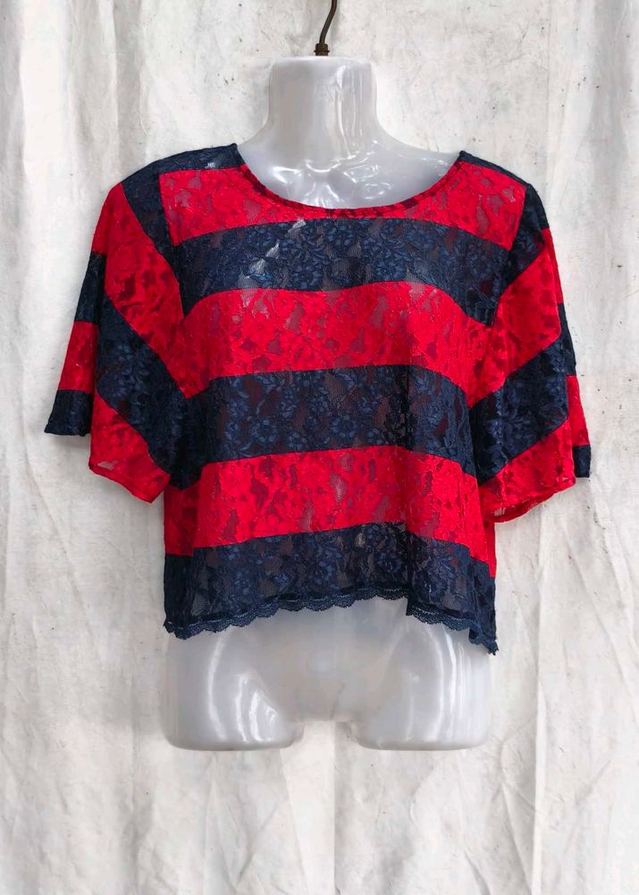 Red &amp; Navy Striped Lace Top
