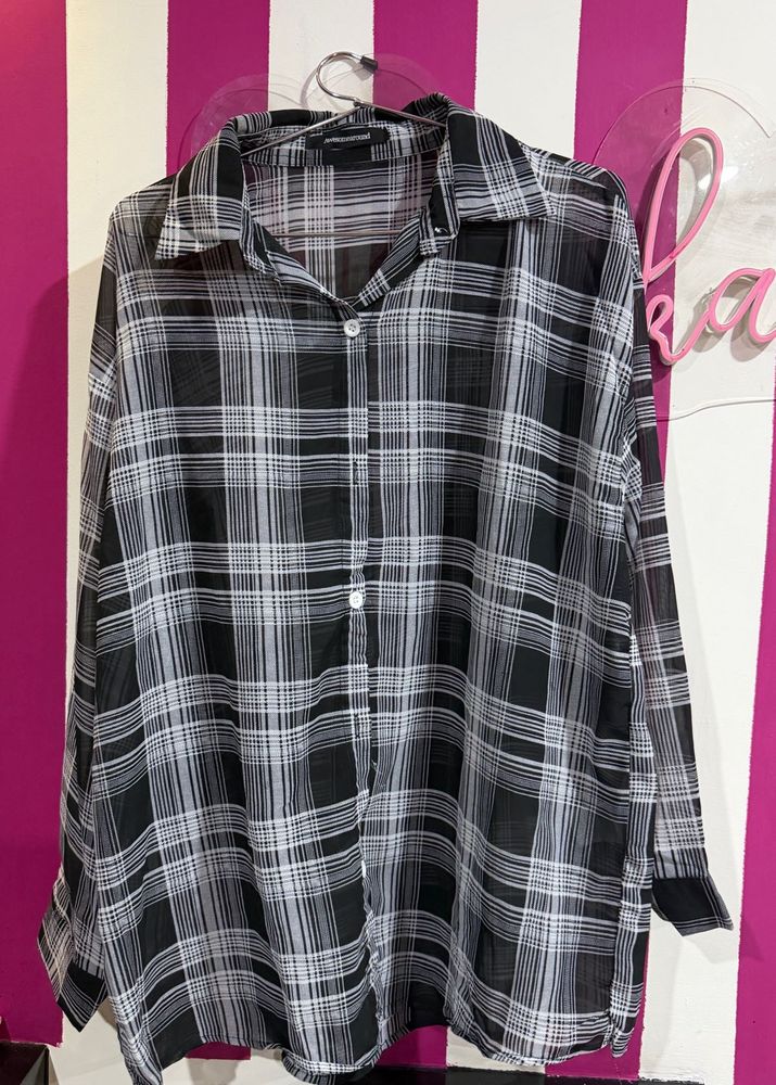 Sheer Plaid Button-Up Shirt bust 44