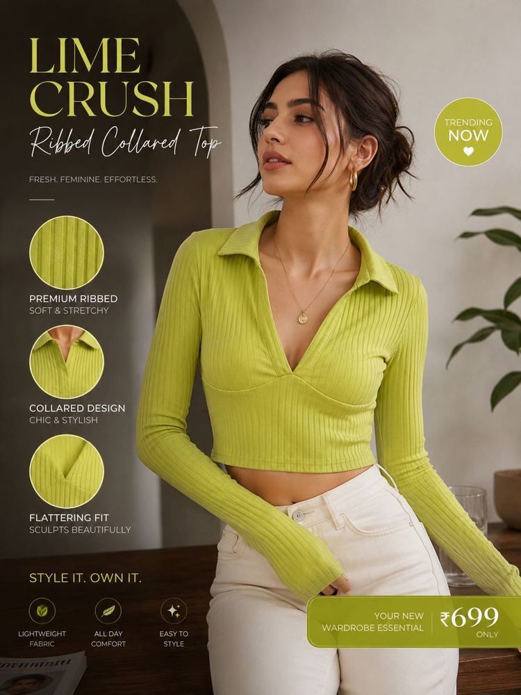 Lime Crush Ribbed Collared Top
