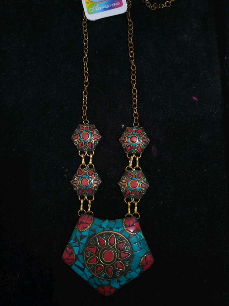 Boho Turquoise &amp; Red Mosaic Necklace