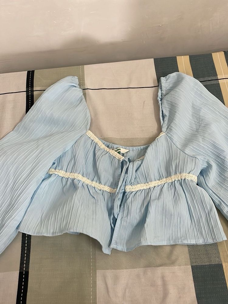 Light Blue Puff Sleeve Crop Top