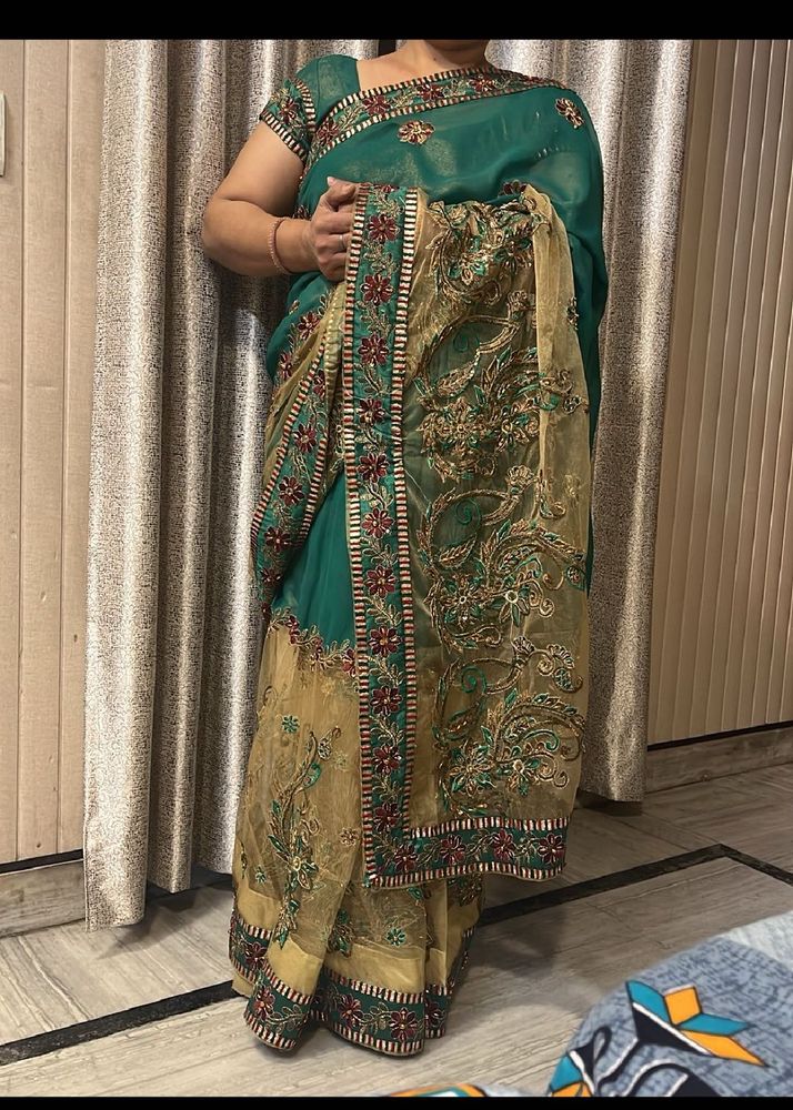 Elegant Green &amp; Gold Embroidered Saree