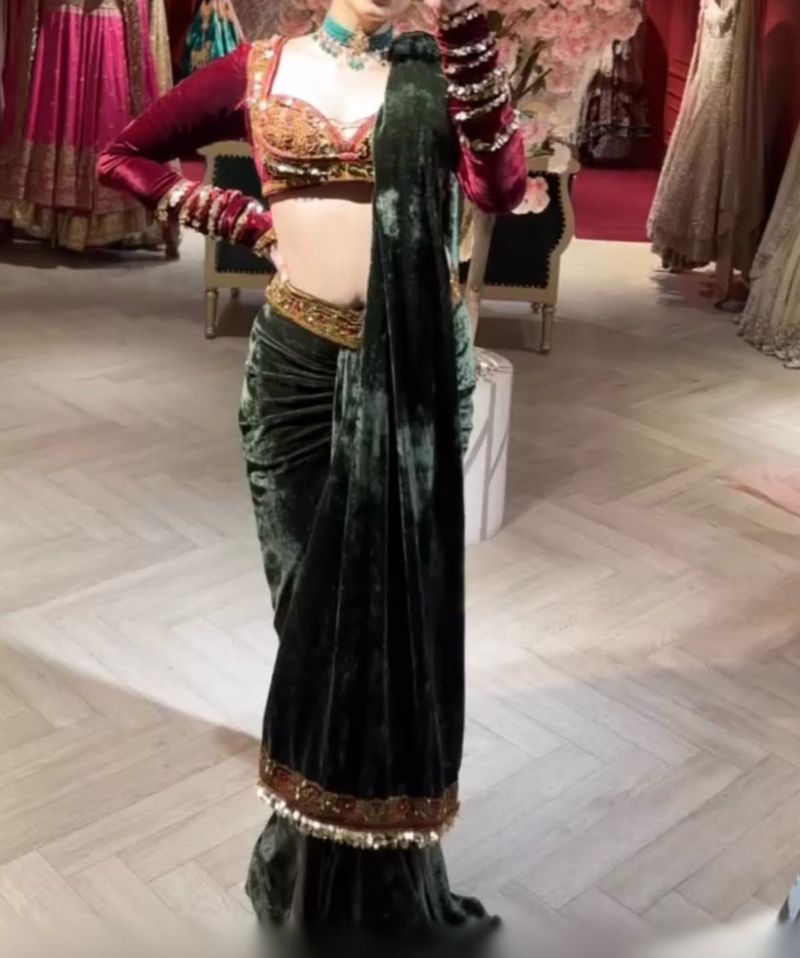 Elegant Green Velvet drape saree