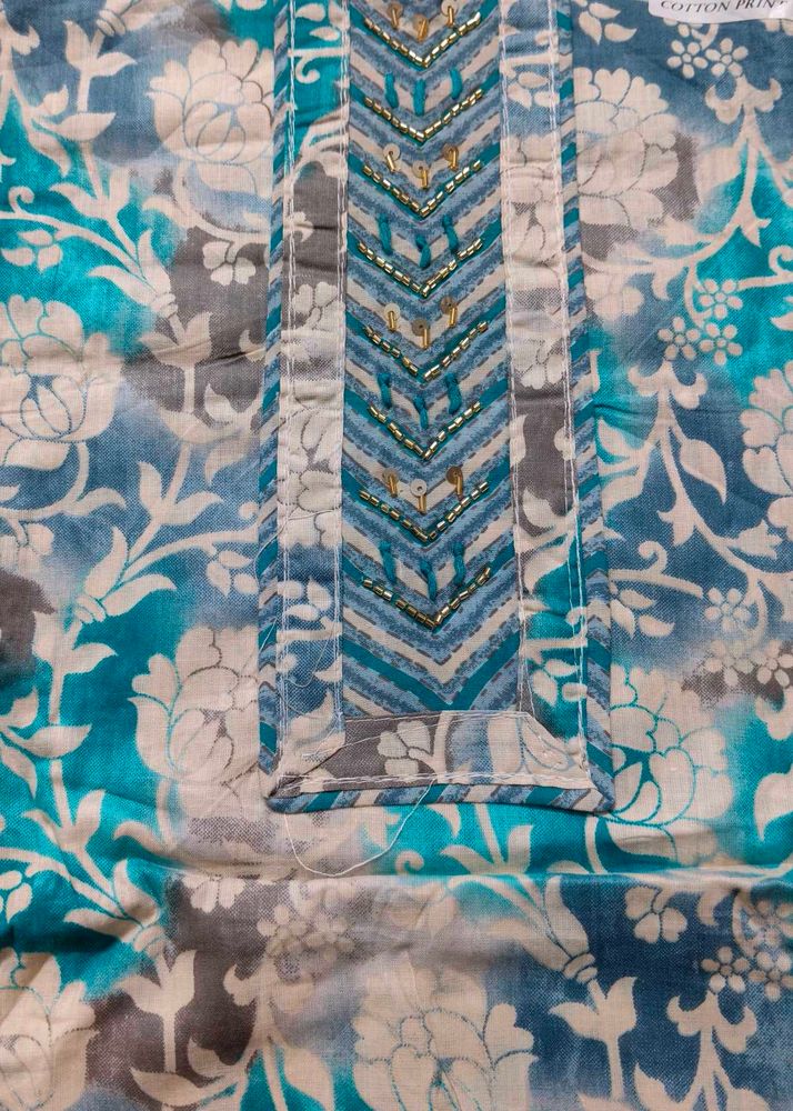 `Teal Blue Floral Cotton 3pc  dress material,Suit
