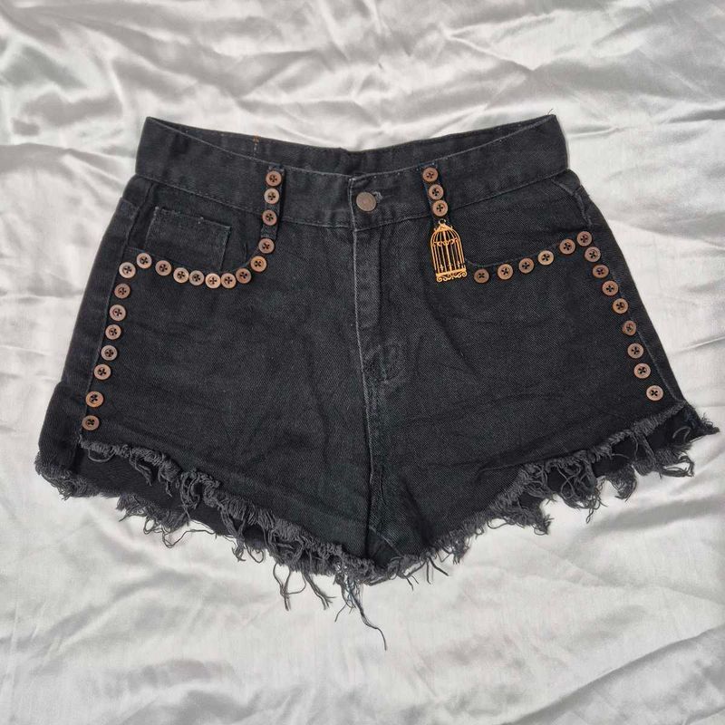 Black Denim Shorts with Bird Cage Charm