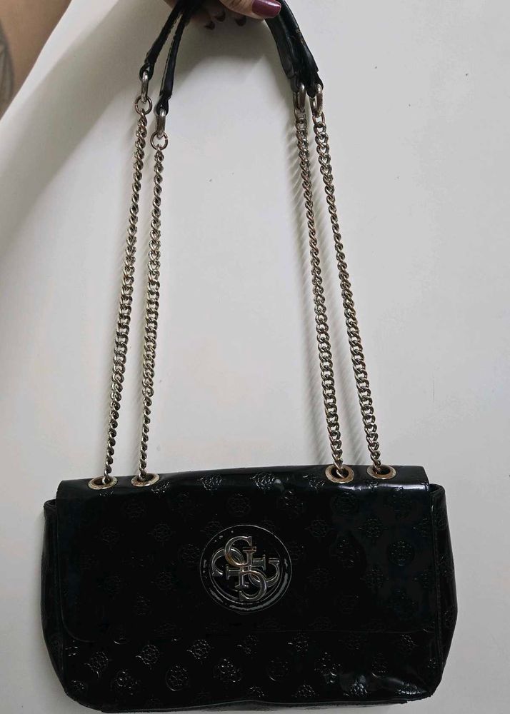 Guess Black Patent Chain Shoulder Bag