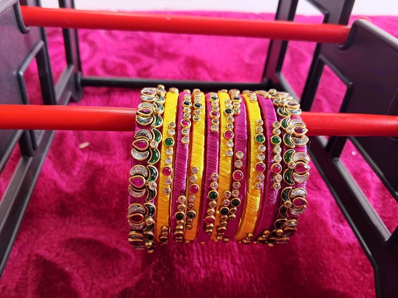 Set of Yellow &amp; Pink Silk Thread Bangles