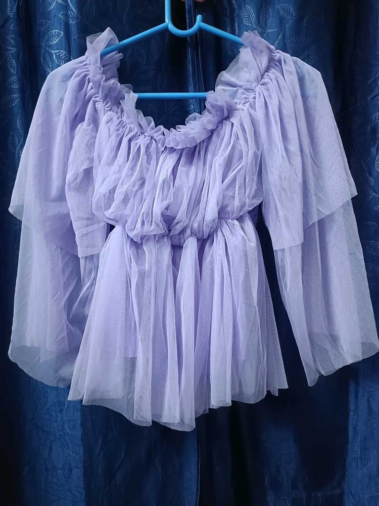 net peplum Lilac Off-Shoulder Tulle Top