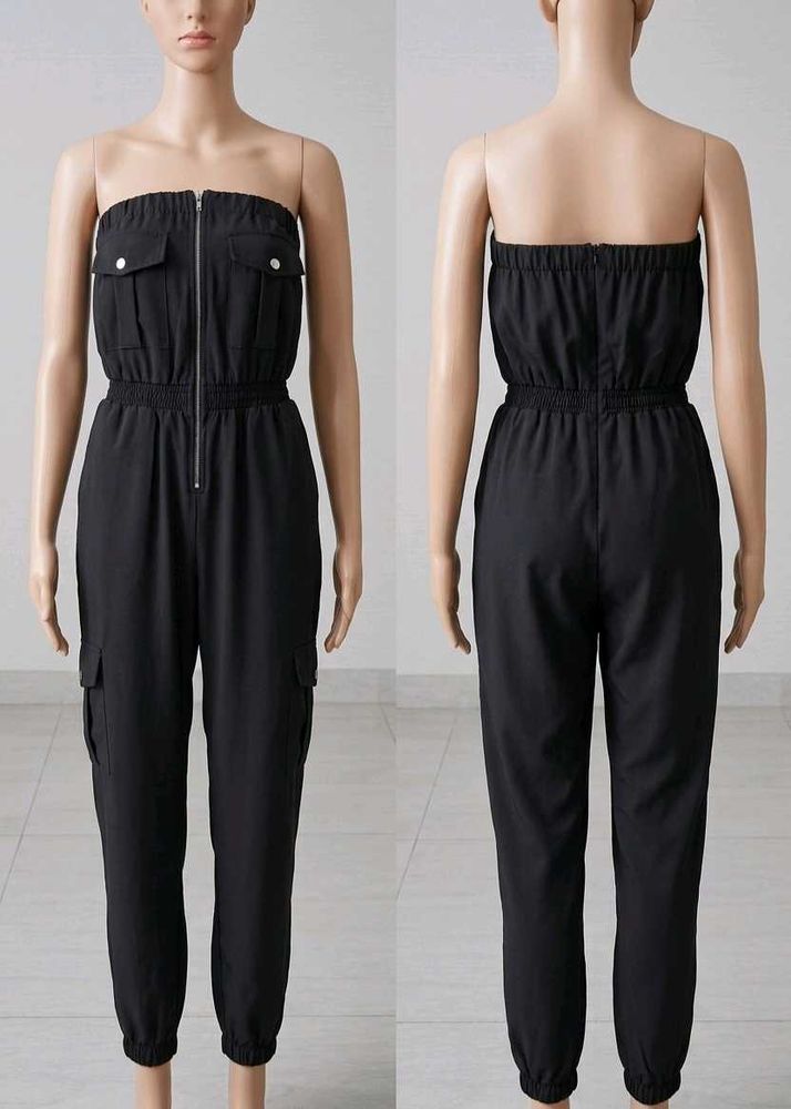 Black Strapless Cargo Jumpsuit