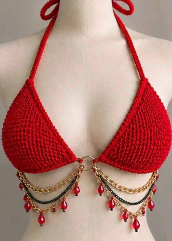 Red Crochet Bikini Top with Chains