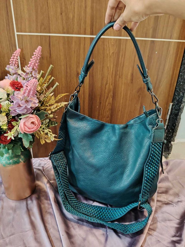 Teal Textured Leather Hobo Bag