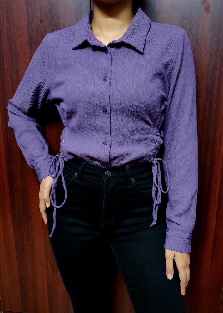 Purple Textured Button-Up Shirt with Side Tie Deta