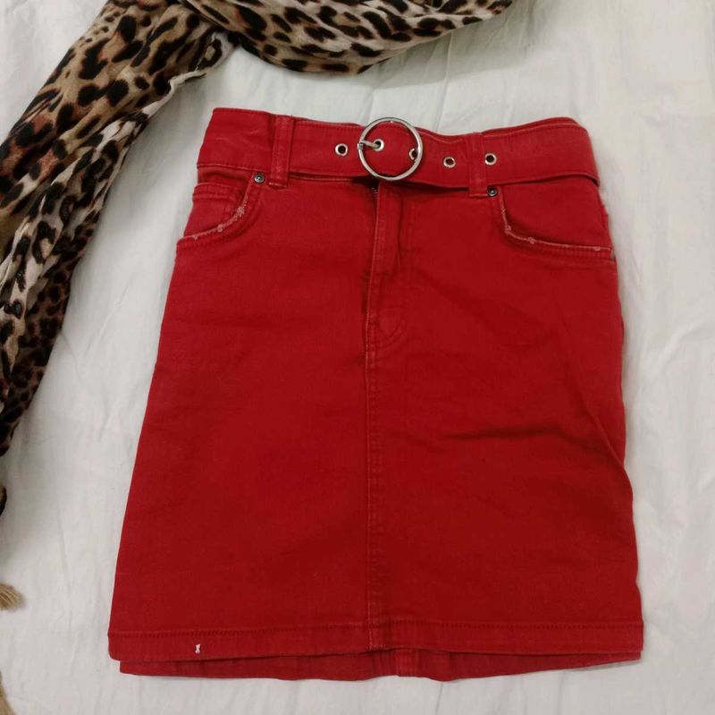 Red Denim Skirt with Belt